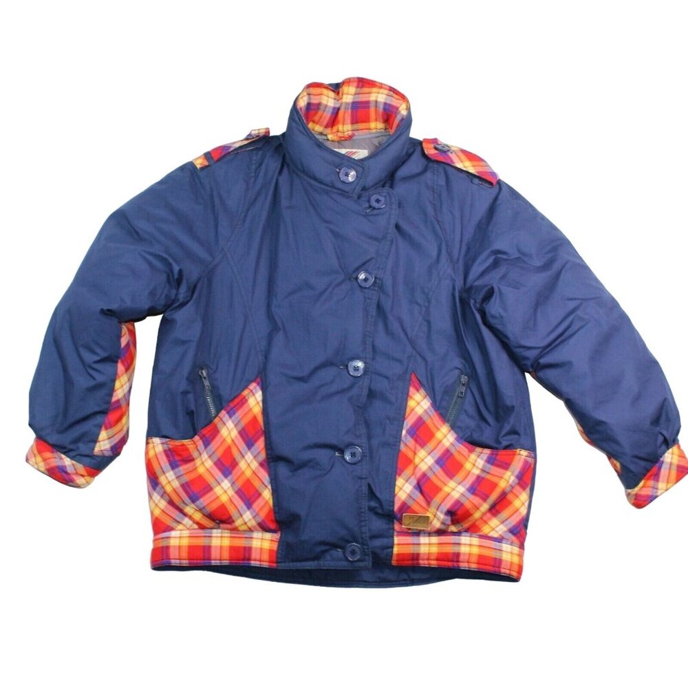Vintage 80s XL Rainbow Trim Genuine Down Blue Coat Jacket Ski Snowboard Winter